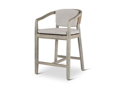 Barhocker Elisa | Teak grau | beiges Geflecht | inkl. Kissen beige