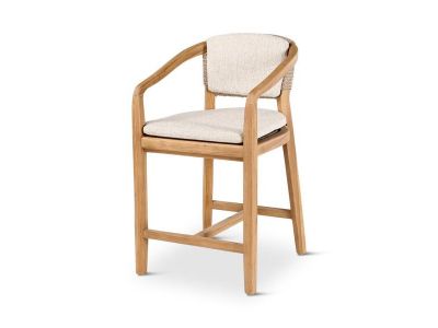 Barhocker Elisa | Teak natur | beiges Geflecht | inkl. Kissen creme