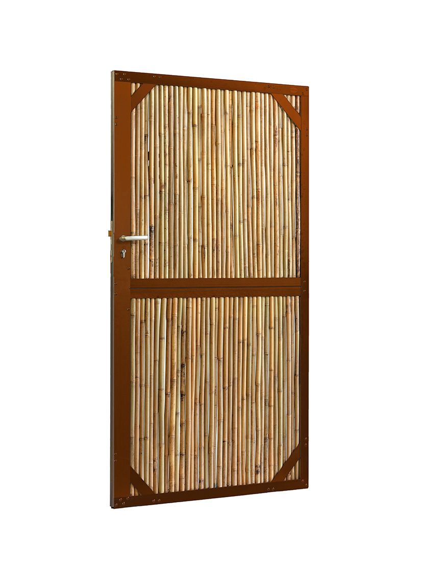 Bambus Tor: 90 cm Breite, 180 cm Hhe. Cortenstahlrahmen.